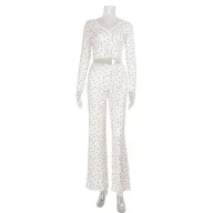 Womens Casual Two Piece Set Long Sleeve Top and Floral Print Pants Comfortable Lace Trim