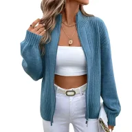 Womens Casual Cardigan Sweater Solid Color Long Sleeve High Neck Knit Autumn Winter Wear