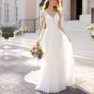 Elegant Off White Wedding Dress with Deep V Neckline and Backless Design for Evening Events Wholesale
