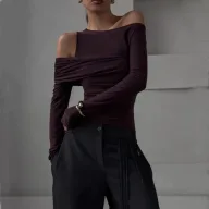 Slim Fit Long Sleeve Knit Top Solid Color Asymmetrical Neckline Versatile Style Spring Womens Fashion Wholesale