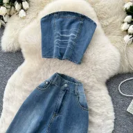 Vintage Denim Two Piece Set for Women Casual High Waist Wide Leg Pants and Sleeveless Top Summer Wear Wholesale