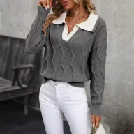 Elegant Womens Color Block Knit Sweater Long Sleeve Lapel Collar Autumn Winter Style Wholesale Available