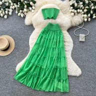Yellow Pleated Two Piece Set for Women Layered Cake Skirt Casual Office Wear