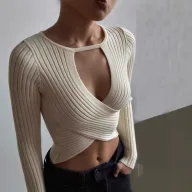 Womens Long Sleeve Cropped Top Hollow Out Design Ribbed Fabric Sexy Style Perfect for Fall Fashion Wholesale