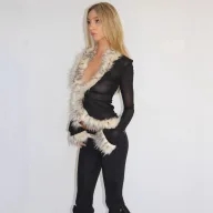 Womens Long Sleeve Cardigan Top with Sheer Mesh and Fur Collar in Print and Black for Fall Winte
