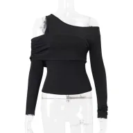 Slim Fit Long Sleeve Knit Top Solid Color Asymmetrical Neckline Versatile Style Spring Womens Fashion Wholesale