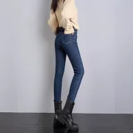 High Waisted Vintage Denim Pants Thickened Fleece Lined Slim Fit Autumn Winter Womens Fashion Wholesale Available