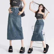 High Waist Split Denim Skirt for Women A Line Silhouette Mid Length Casual Spring and Autumn Wear