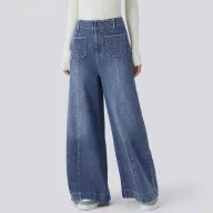 High Waisted Pocketed Patchwork Button Zipper Wide Leg Jeans Womens Fashion Fall Winter Collection Wholesale Available