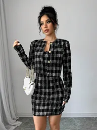 Black and White Plaid Two Piece Set Slim Fit Waist Design Chic Casual Style