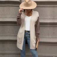 Womens Color Block Cardigan Sweater Long Sleeve Khaki Fall Fashion private label