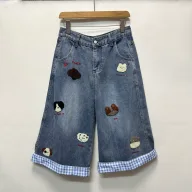 Vintage Dog Embroidery Plaid Patchwork Wide Leg Cropped Jeans for Women Relaxed Fit Stylish Design Casual Wear
