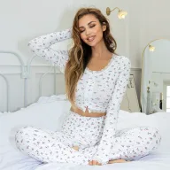 Womens Casual Two Piece Set Long Sleeve Top and Floral Print Pants Comfortable Lace Trim