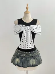 Summer Womens Fitted T Shirt Short Sleeve Bow Tie Detail Polka Dot Print Casual Wear Ready to Ship