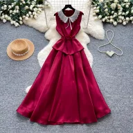 Lace Peter Pan Collar A Line Dress for Women in Red High Waist Elegant Long Dress for Summer Casual Wear Wholesale