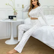 Womens Casual Two Piece Set Long Sleeve Top and Floral Print Pants Comfortable Lace Trim