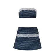 Womens Summer Vacation Set Blue Polka Dot Lace Trim Strapless Top and A Line Skirt Casual Wear