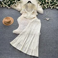 Lace Two Piece Set for Women V Neck Design Summer Fashion Available in Red and Apricot Wholesale Options