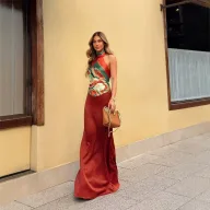 Sleeveless Halter Neck Two Piece Set Summer Vacation Style Lightweight Red Fabric