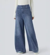 High Waisted Pocketed Patchwork Button Zipper Wide Leg Jeans Womens Fashion Fall Winter Collection Wholesale Available