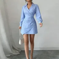 V Neck Striped Pleated Bodycon Dress for Women Elegant Summer Style Available in Blue Wholesale Sizes S to 3XL