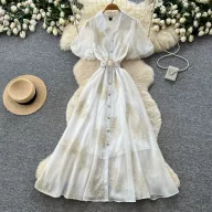 Pink Lantern Sleeve Mesh Dress for Women with Sequin Waist A Line Elegant Long Dress for Summer Casual Wear Wholesale