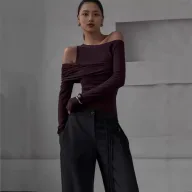 Slim Fit Long Sleeve Knit Top Solid Color Asymmetrical Neckline Versatile Style Spring Womens Fashion Wholesale