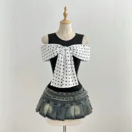 Summer Womens Fitted T Shirt Short Sleeve Bow Tie Detail Polka Dot Print Casual Wear Ready to Ship
