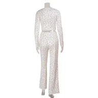 Womens Casual Two Piece Set Long Sleeve Top and Floral Print Pants Comfortable Lace Trim