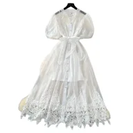 Lace Puff Sleeve A Line Dress for Women Breathable Summer Fabric Elegant Casual Wear