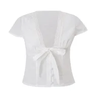 Womens Summer T Shirt Sexy V Neck Bow Tie Detail Short Sleeve French Style Casual Wear Wholesale Available
