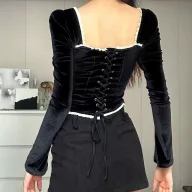 French Style Womens Dress Square Neck Backless Slim Fit Lace Trim Long Sleeve Elegant Evening Wear Wholesale