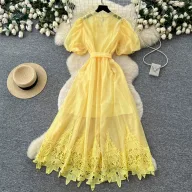 Lace Puff Sleeve A Line Dress for Women Breathable Summer Fabric Elegant Casual Wear