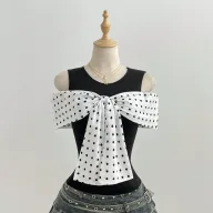 Summer Womens Fitted T Shirt Short Sleeve Bow Tie Detail Polka Dot Print Casual Wear Ready to Ship