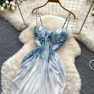 Floral Print Maxi Dress for Women Irregular Design Waist Cinching Summer Casual Wear Available in Blue and Multiple Sizes