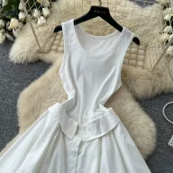 Sleeveless A Line Dress for Women Irregular Hem Slim Fit Summer Style Available in White and Khaki Wholesale Ready