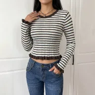 Womens Vintage Striped Sweater Short Length Flared Sleeve Round Neck Casual Wear