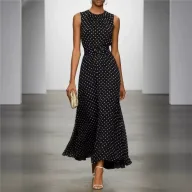 Womens Summer Dress Elegant Waist Tie Polka Dot Design Available in White and Black Wholesale Sizes S to 3XL