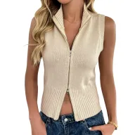 Womens Sleeveless High Neck Knit Vest Casual Simple Design Lightweight Fabric Available in Apricot Wholesale Supply