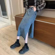 High Waisted A Line Denim Skirt Vintage Style Irregular Split Mid Length Spring Summer Fashion Wholesale Availab