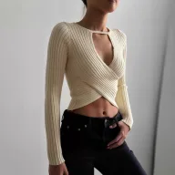 Womens Long Sleeve Cropped Top Hollow Out Design Ribbed Fabric Sexy Style Perfect for Fall Fashion Wholesale