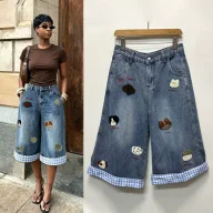 Vintage Dog Embroidery Plaid Patchwork Wide Leg Cropped Jeans for Women Relaxed Fit Stylish Design Casual Wear