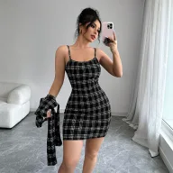 Black and White Plaid Two Piece Set Slim Fit Waist Design Chic Casual Style