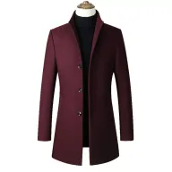 Mens Overcoat Stylish Long Wool Blend Coat Stand Collar Available in Gray Black Red Navy Wholesale Low MOQ