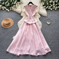 Lace Peter Pan Collar A Line Dress for Women in Red High Waist Elegant Long Dress for Summer Casual Wear Wholesale