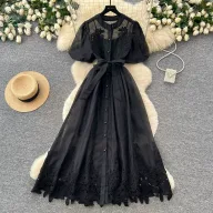 Lace Puff Sleeve A Line Dress for Women Breathable Summer Fabric Elegant Casual Wear