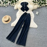 Womens Summer Casual Two Piece Denim Set Slim Fit High Waist Short Sleeve Available in Blue and Black Wholesale