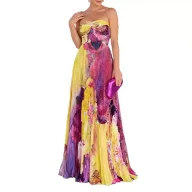 Elegant Floral Print Strapless Dress for Women Summer Collection Available in Purple Wholesale Sizes S to 3XL