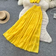 Yellow Pleated Two Piece Set for Women Layered Cake Skirt Casual Office Wear