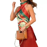 Sleeveless Halter Neck Two Piece Set Summer Vacation Style Lightweight Red Fabric